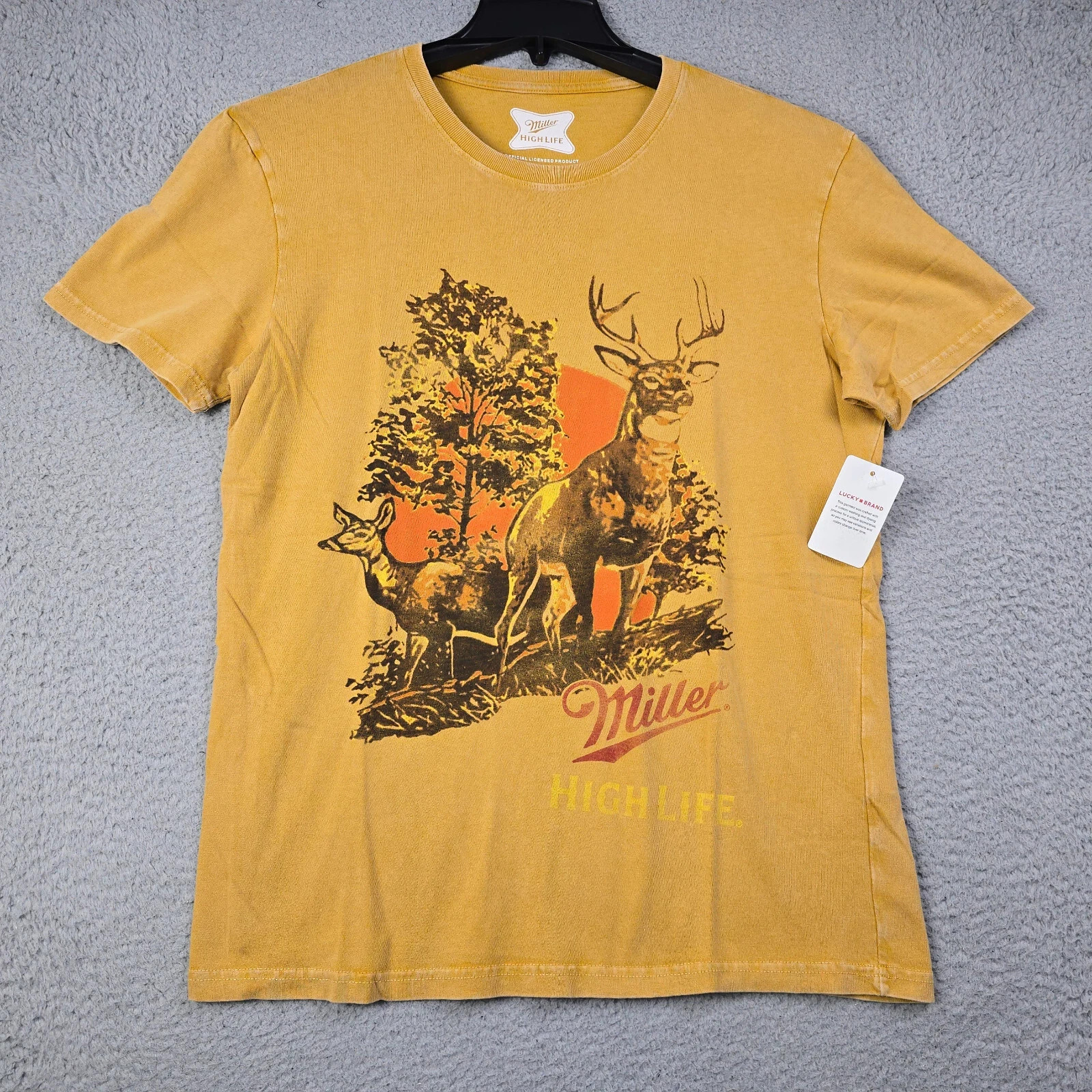 Lucky Brand MILLER HIGH LIFE Beer Shirt MEN Medium Yellow HUNTING Distressed NWT