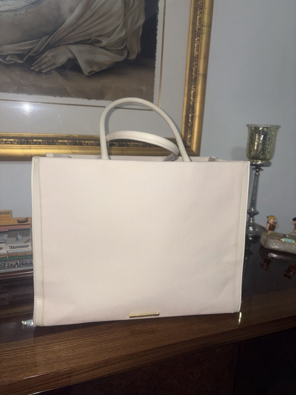 Steve Madden Beige Logo Tote Bag w/ Pouch Detachable Strap Zip Magnetic Pockets