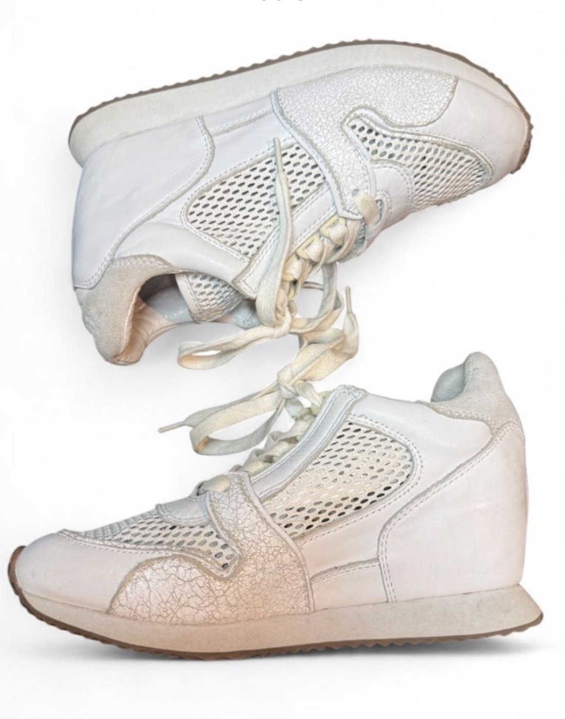 Ash Dean White Leather Mesh Wedge Sneakers Luxury Hidden Heel Women’s 37 / 7.5