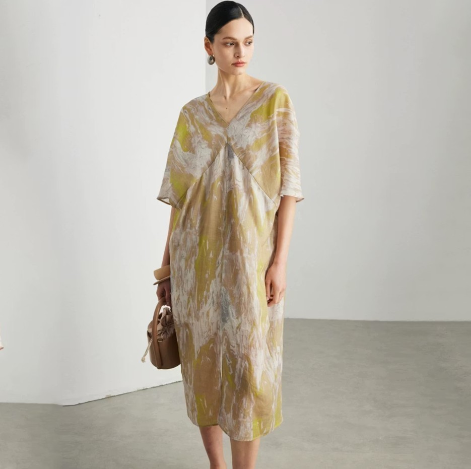 Linen Midi Dress Women 100% Ramie Marble Print Tie Waist Summer Dress NEW