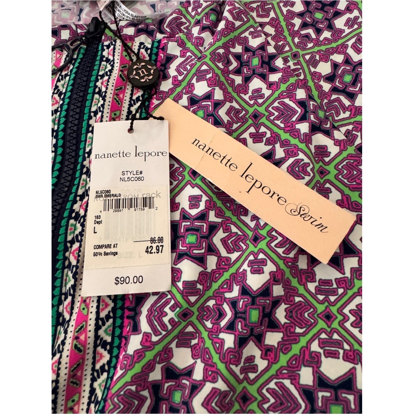 Nanette Lepore Purple Pink Green Printed Swim Zip Coverup New with tags