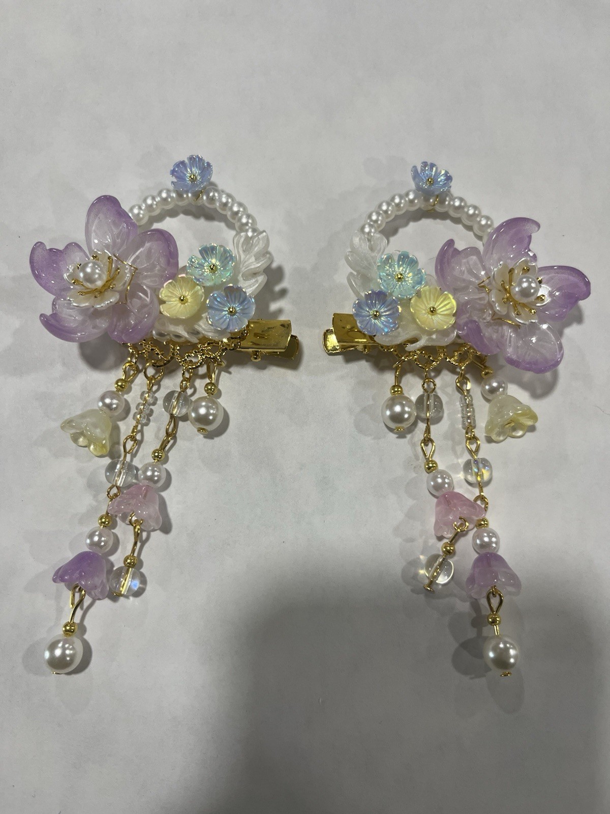Women’s Purple Floral Flower Hair Clips Pearl Beaded Dangle Barrettes