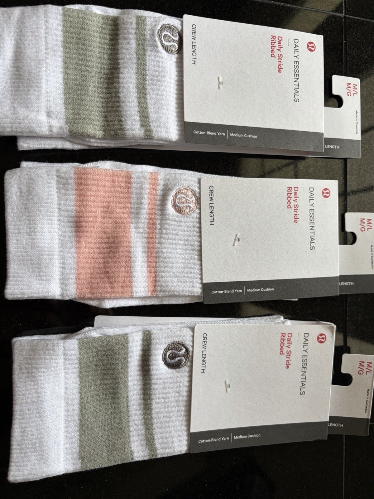 lululemon 3 Pairs Medium Cushion White Sage & Pink Stripe socks