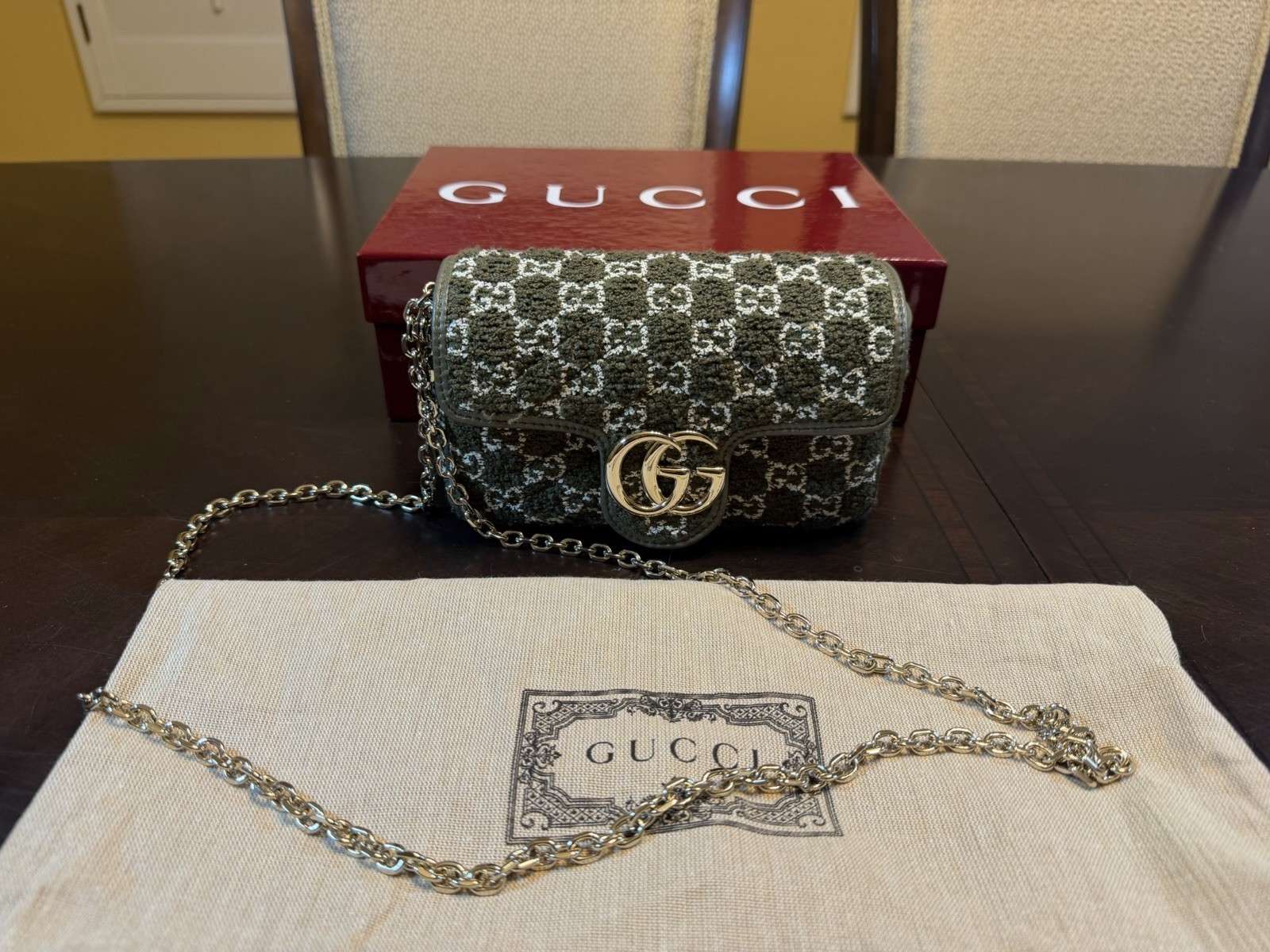 New Authentic Gucci GG Marmont Tweed Logo Shoulder Bag Mini Green