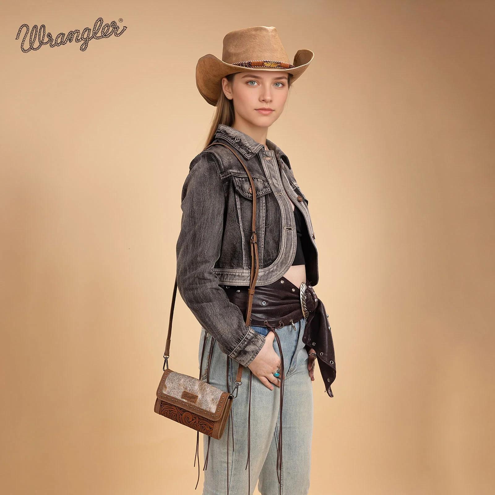 Wrangler Genuine Cowhide/Faux Leather and Canvas Crossbody Wallet Wristlet Brown