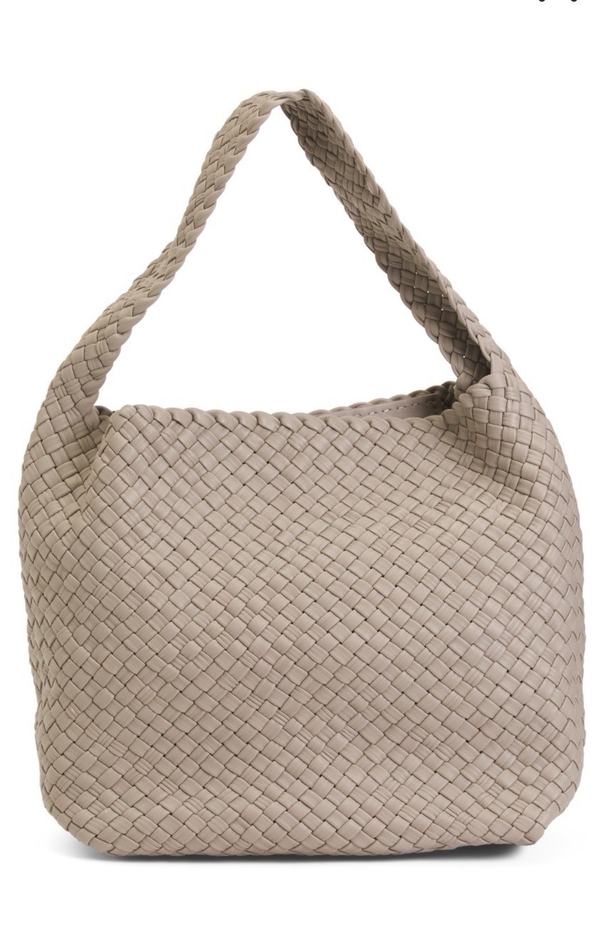 NWT Falor Italian Leather Woven Hobo Handbag Taupe F4000
