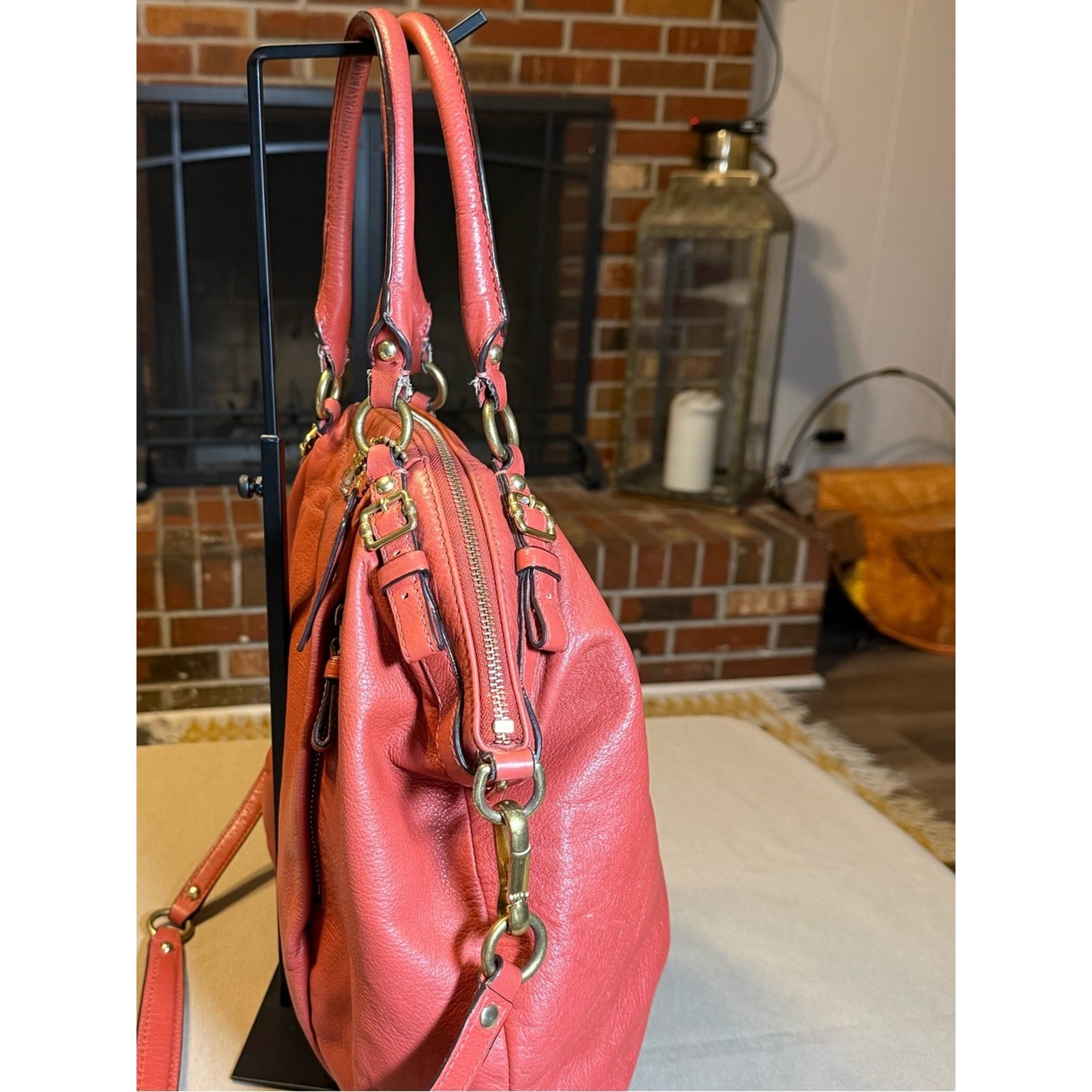 Coach Madison Coral Pebbled Leather Satchel Bag | Removable Strap |Gold Hardware