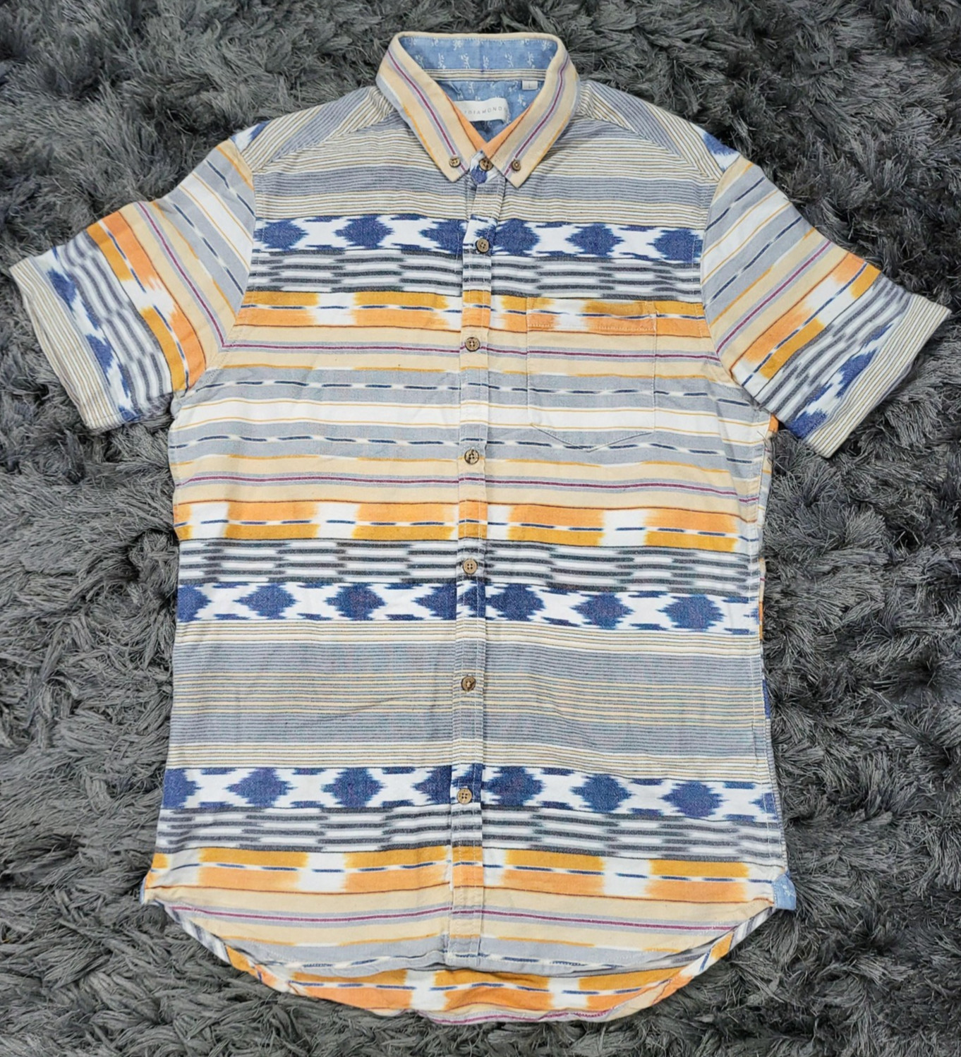 7 Diamonds Shirt Mens Large Southwestern Stripe Cuffed Short Sleeve Cotton Logo