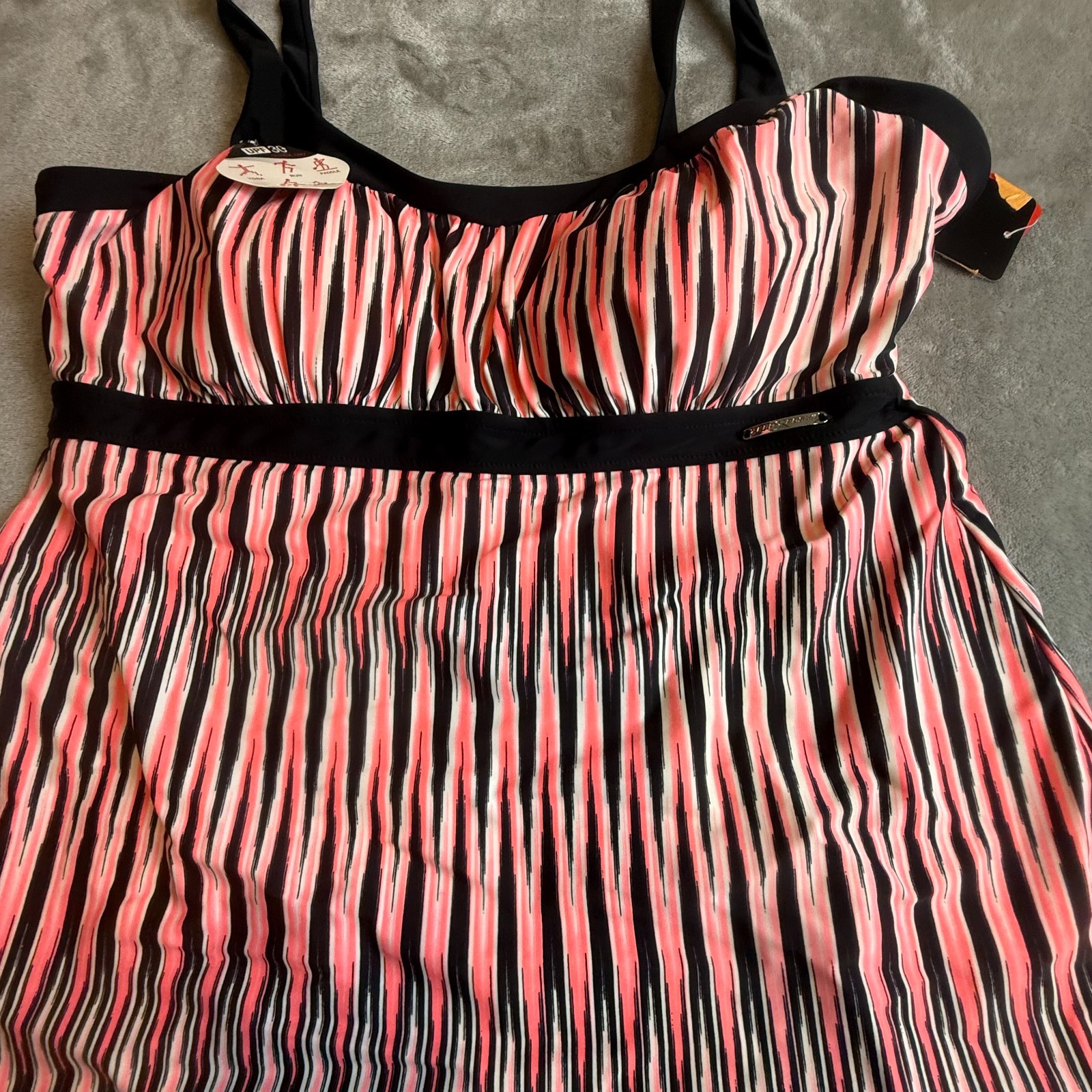 NWT ZeroXposur Starfish Tankini Top Size 16 Pink Black Striped Swim Top UPF 30+