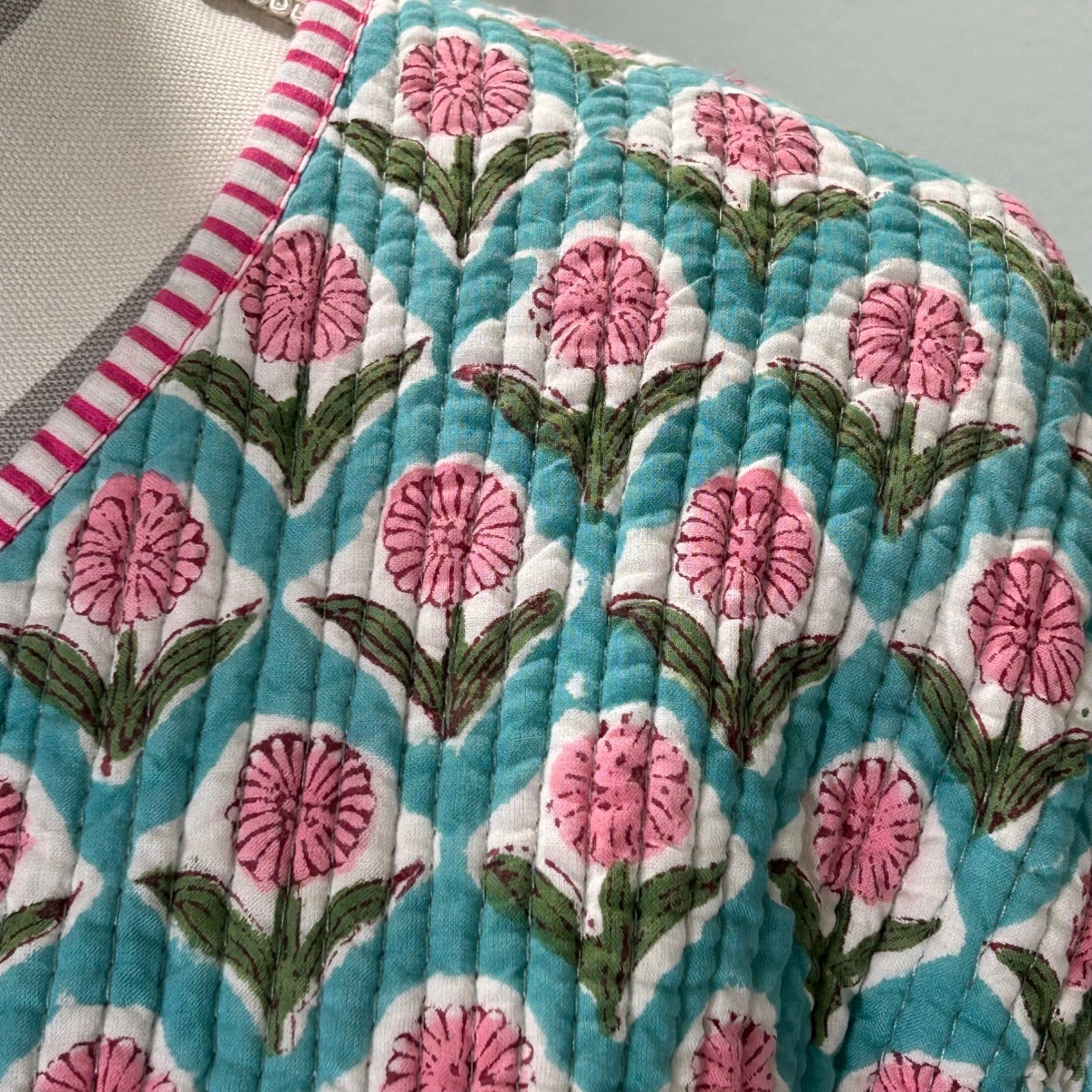 Block Print Quilted Jacket Turquoise Pink Floral Reversible Button Front Medium