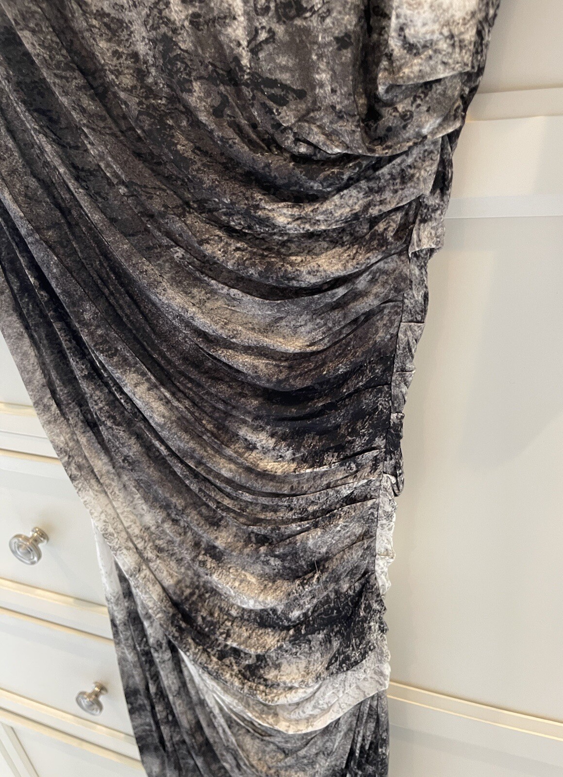 Helmut Lang Ruched Dress—Abstract Black And White-3/4 Sleeve, Mid thigh Length