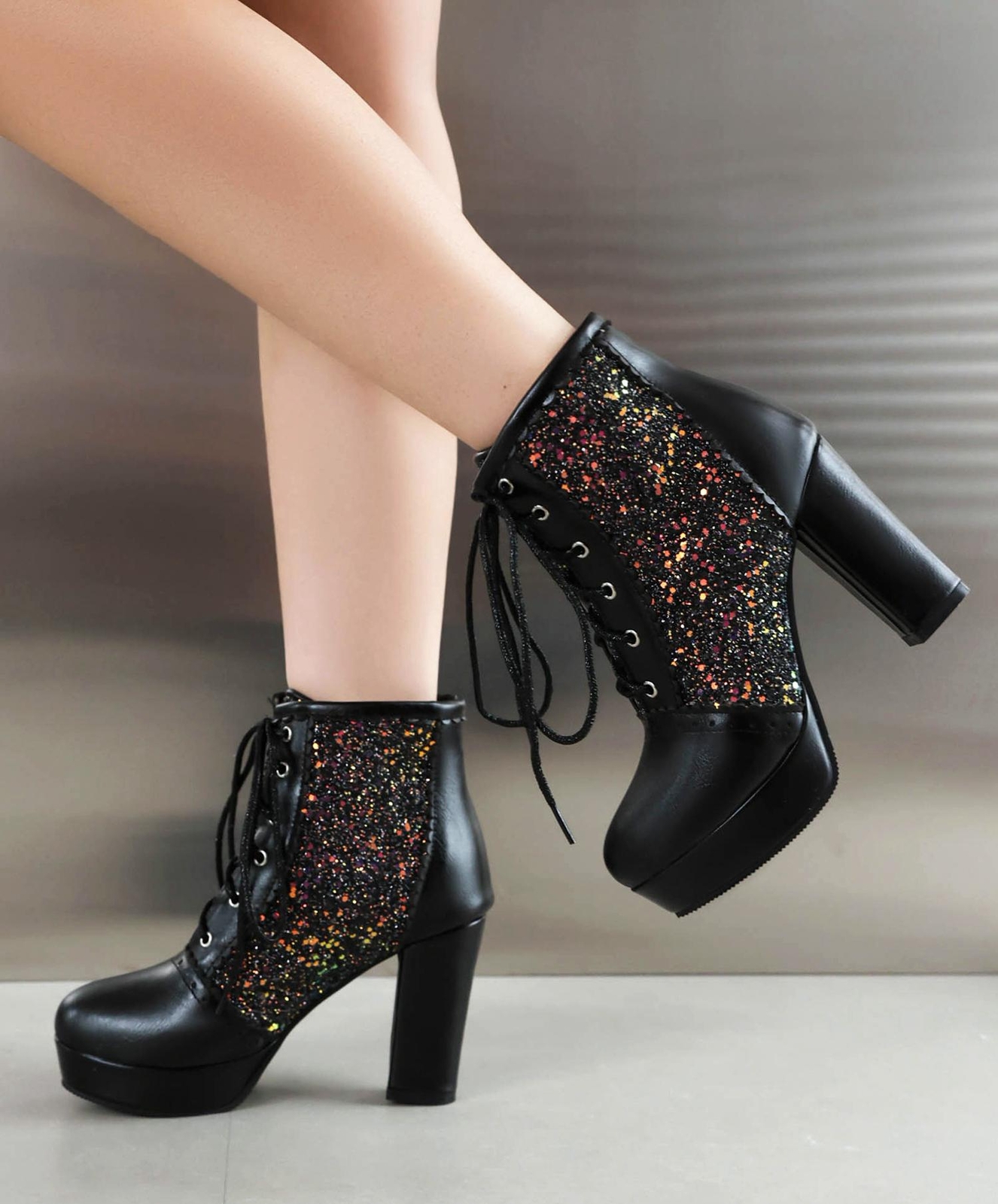 2026 Women Ankle Boot Block High Heel Glitter Sequin Leather Lace Up Shoes Pumps