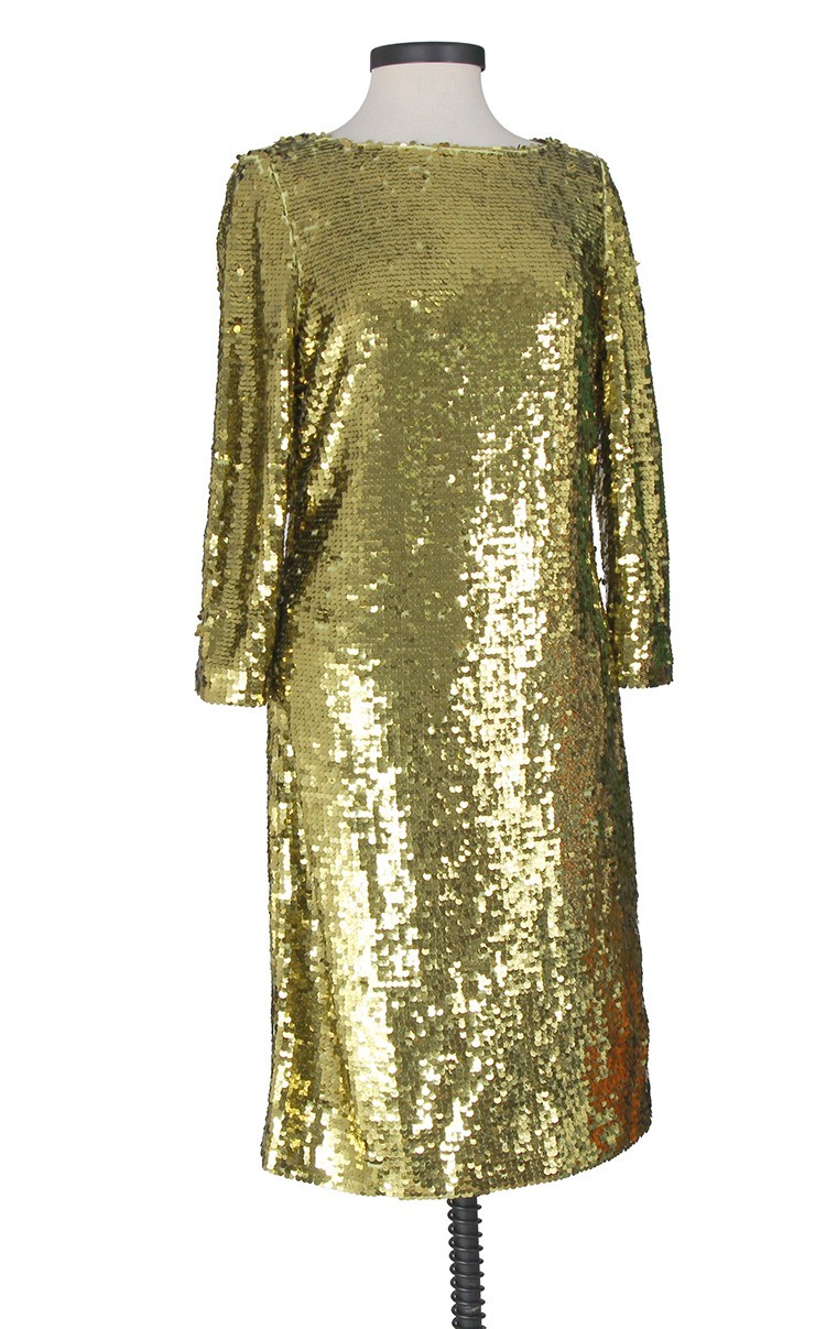 St John Knits Olive Sequin Boat Neck Dress 3/4 Sleeve Flaw Sz 14 NWOT $1695