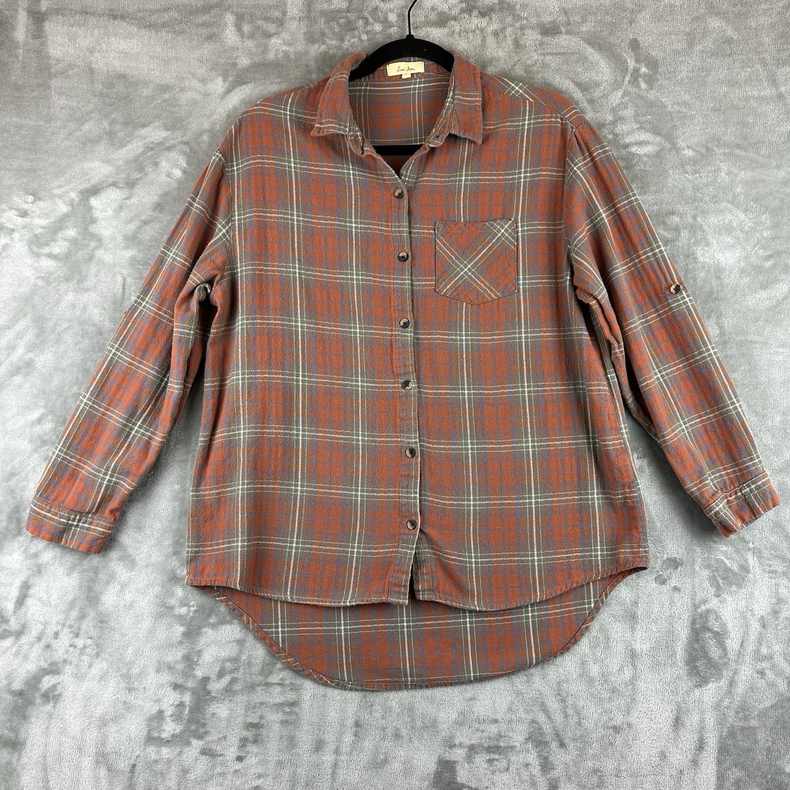 Love Notes Flannel Women’s L Orange Blue Plaid High Low Hem Roll Tab Sleeve