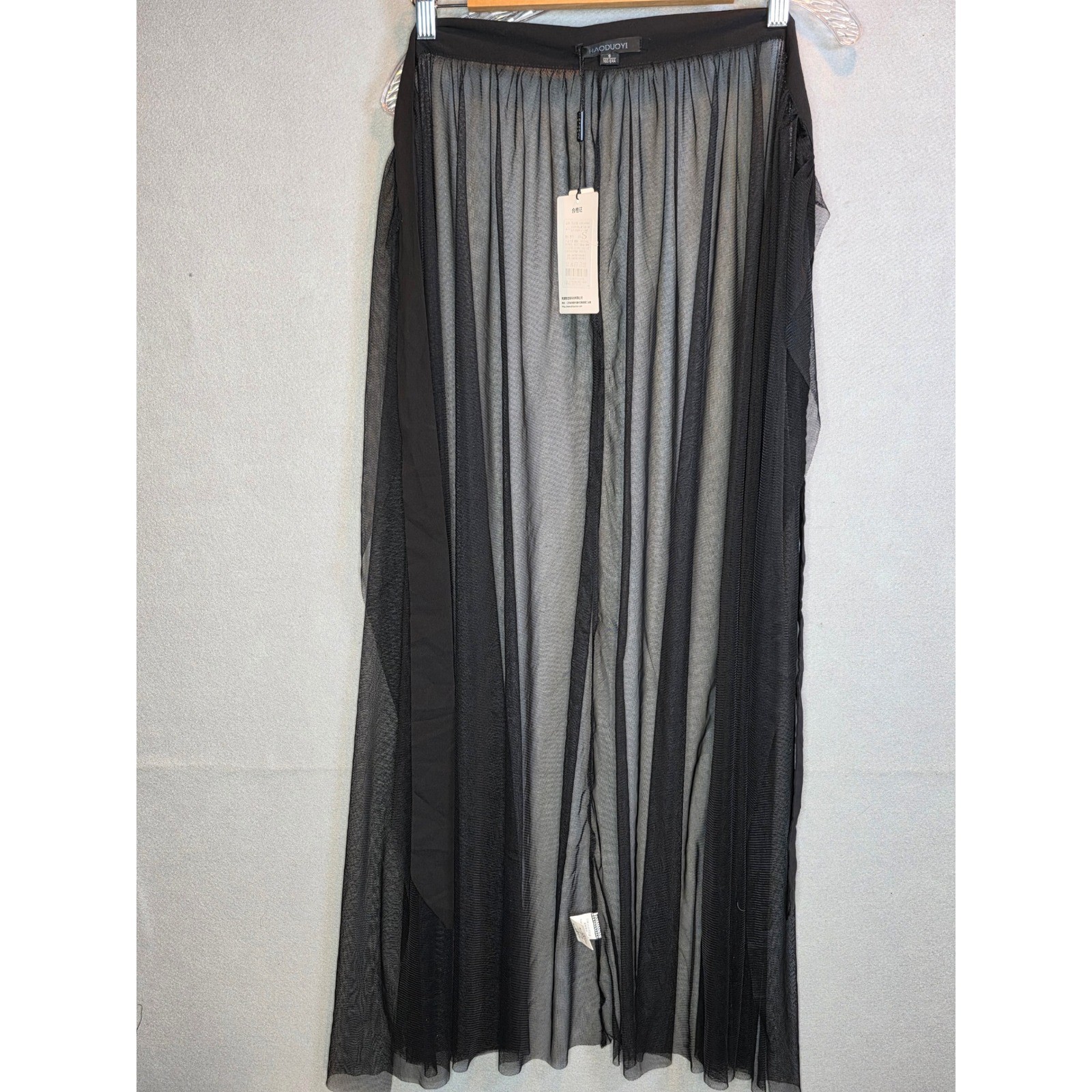 Haoduoyi Black Sheer Mesh Maxi Skirt Tulle Overlay Gothic Festival High Slit S/M