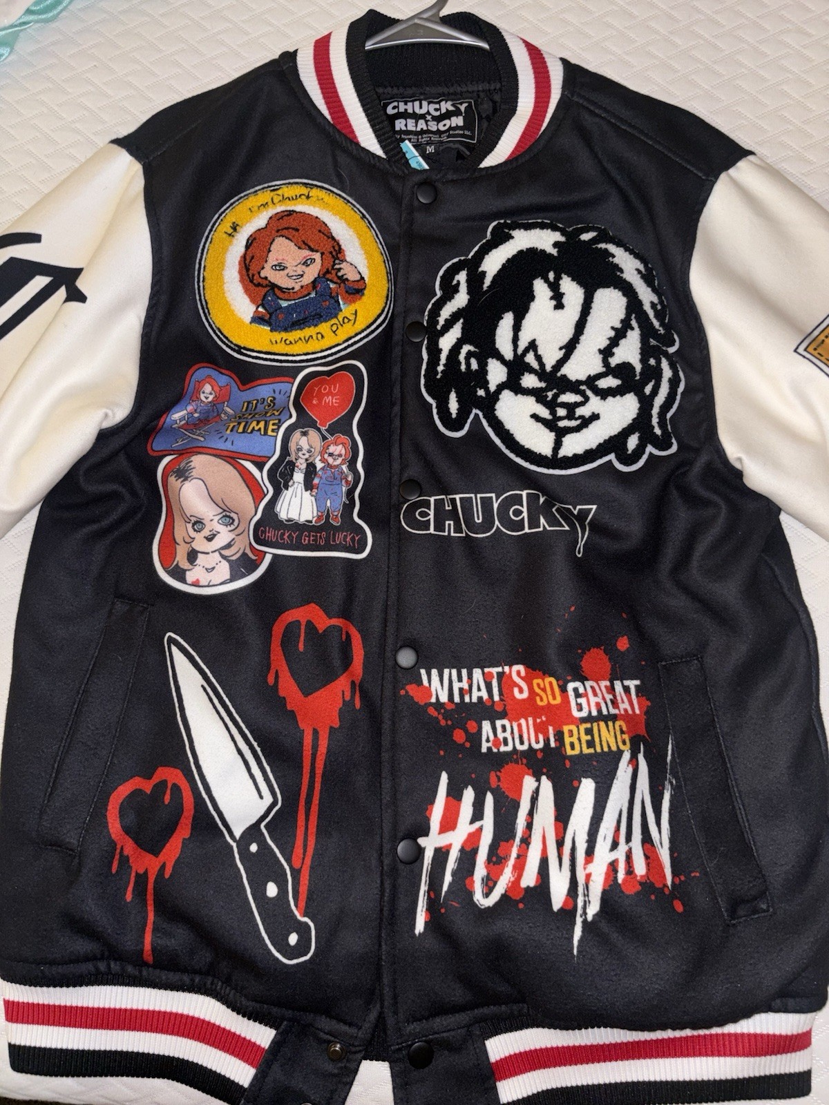 Reason Men’s Varsity Jacket M Black White Red Graphic Print Lined Snap Buttons