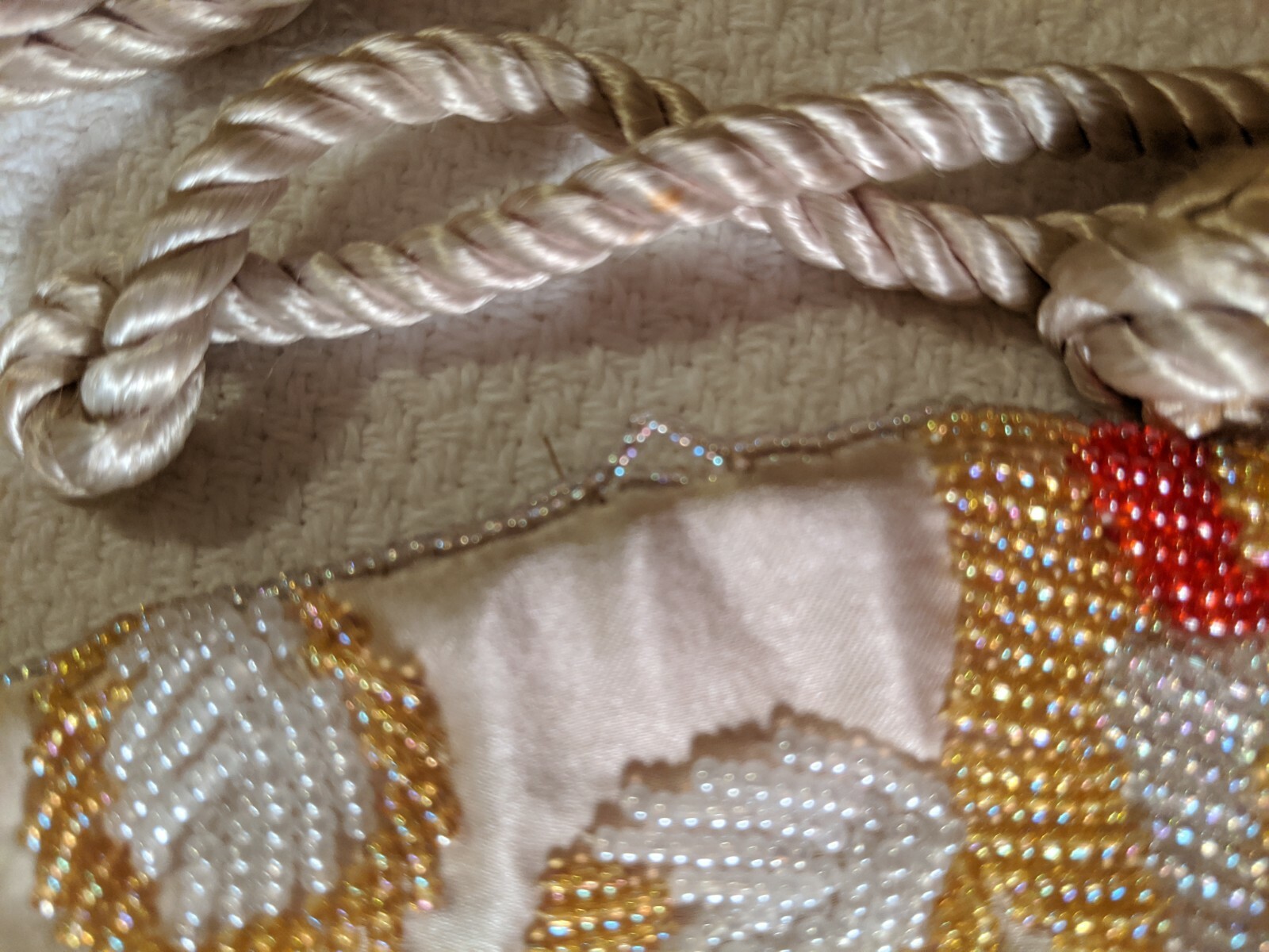 Small Beaded Evening Bag Purse Handbag Beige Coral Gold Drawstring Strap 9″ x 8″