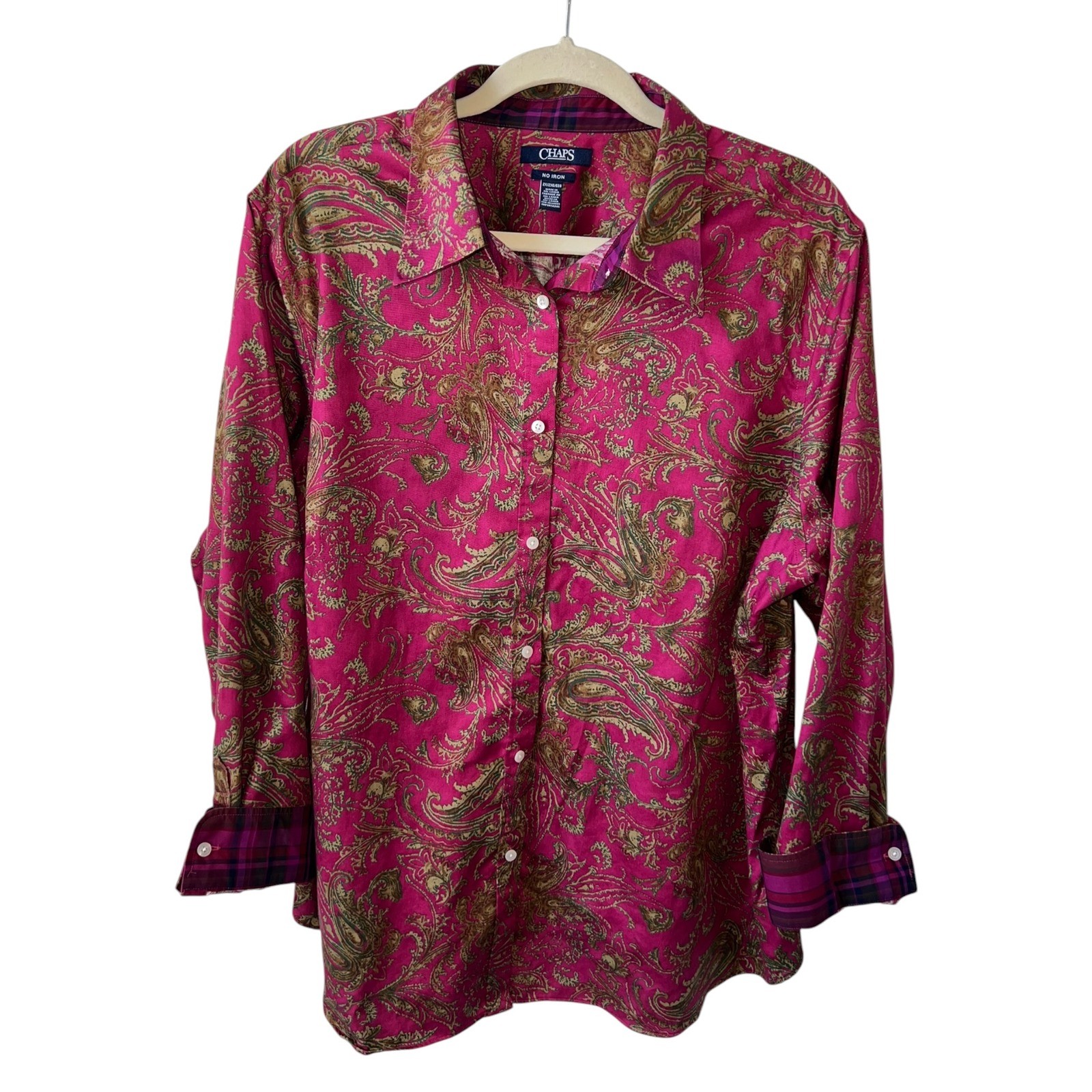 Chaps Boho Paisley Cotton Button Down Shirt Preppy No Iron Plaid Cuffs Size 2X