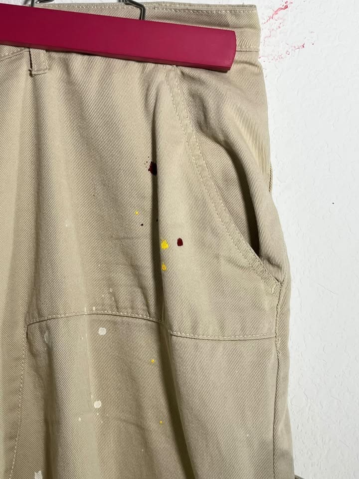boohooMAN Men’s Cargo Carpenter Pants Size 44 Khaki Paint Splatter Trousers