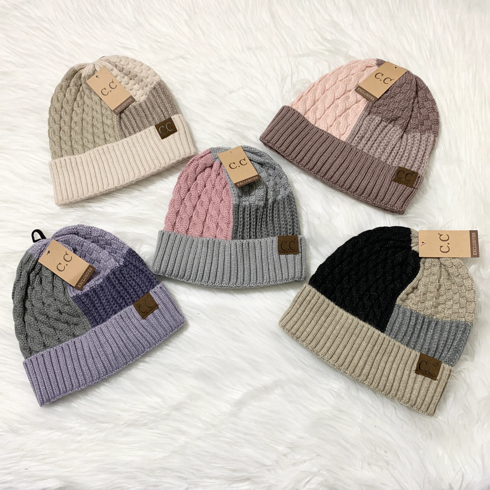 C.C Color Block Beanie for Adults, Winter Hats, Premium Hats, Cozy Warm Hats