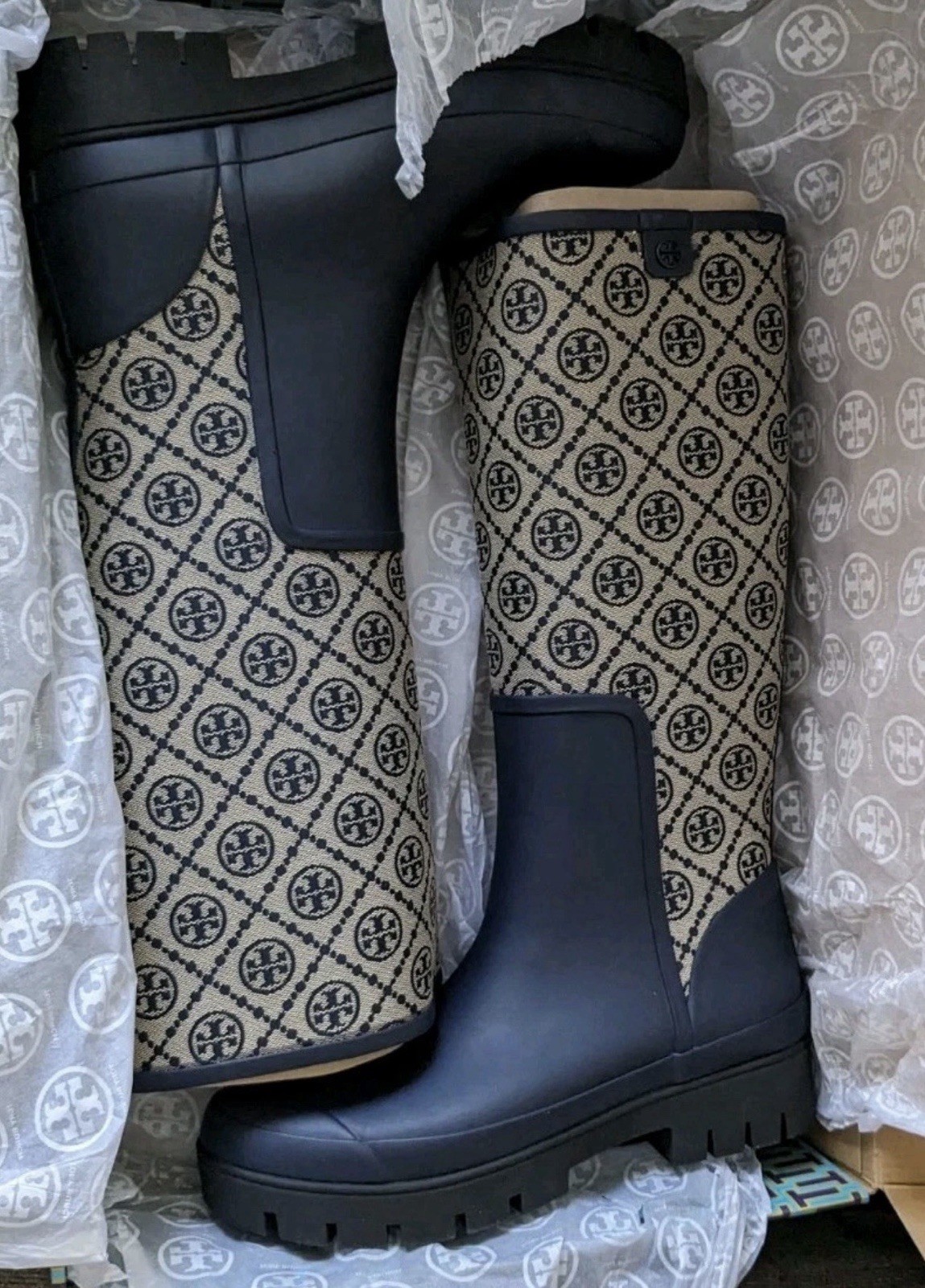 Tory Burch T Monogram Hurricane Tall Rain Boot Size 9M Blue No Shoe Box