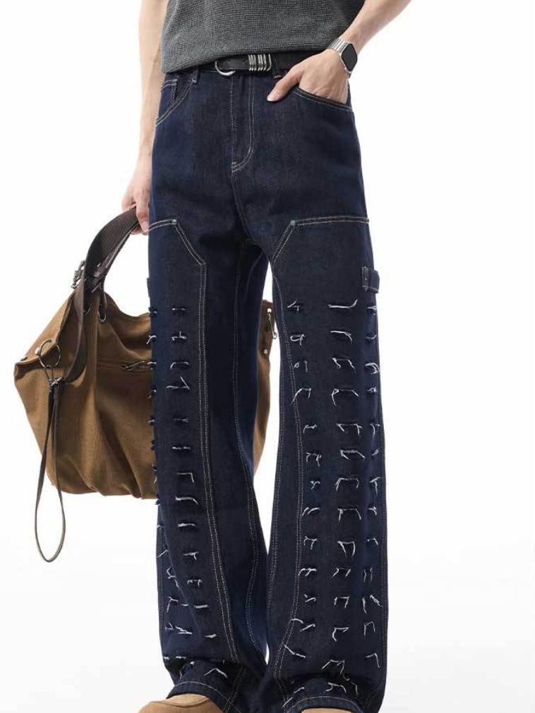 Men’s Dark Blue Denim Jeans Straight Leg Ripped Casual Punk Hip Hop Trousers New