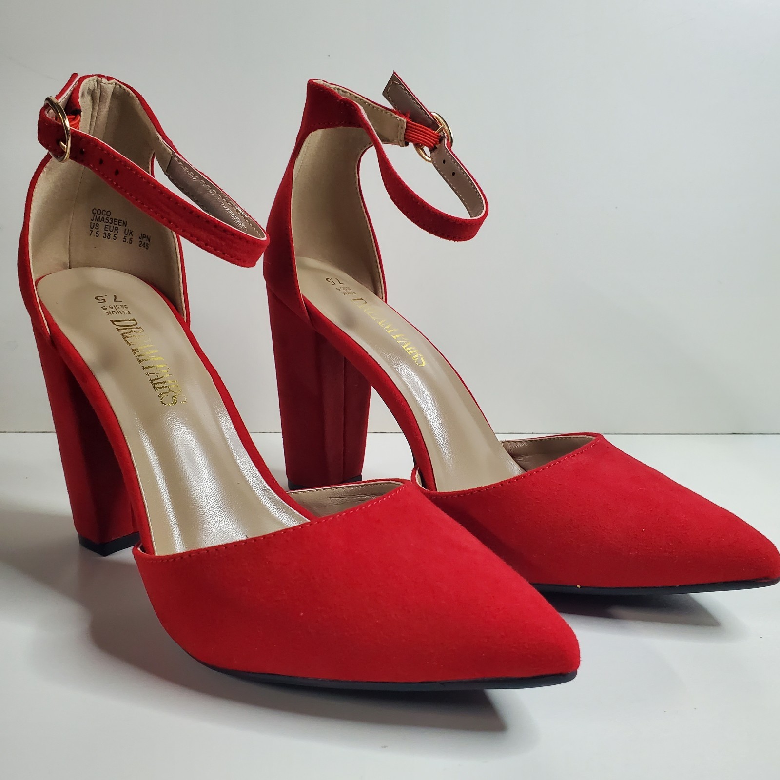 Dream Pairs Women Heel 7.5 Red Pump Buckle Ankle Strap High (3-3.9 in)