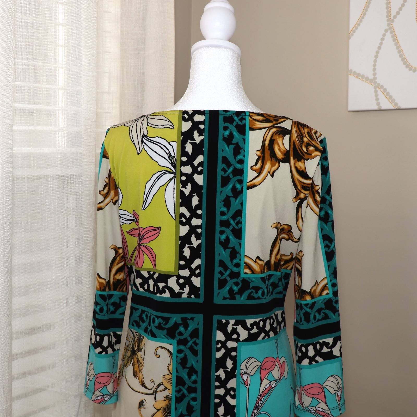 Style & Co Bright Floral Fleur-De-Lis Scroll Peephole Sheath Dress Size Small