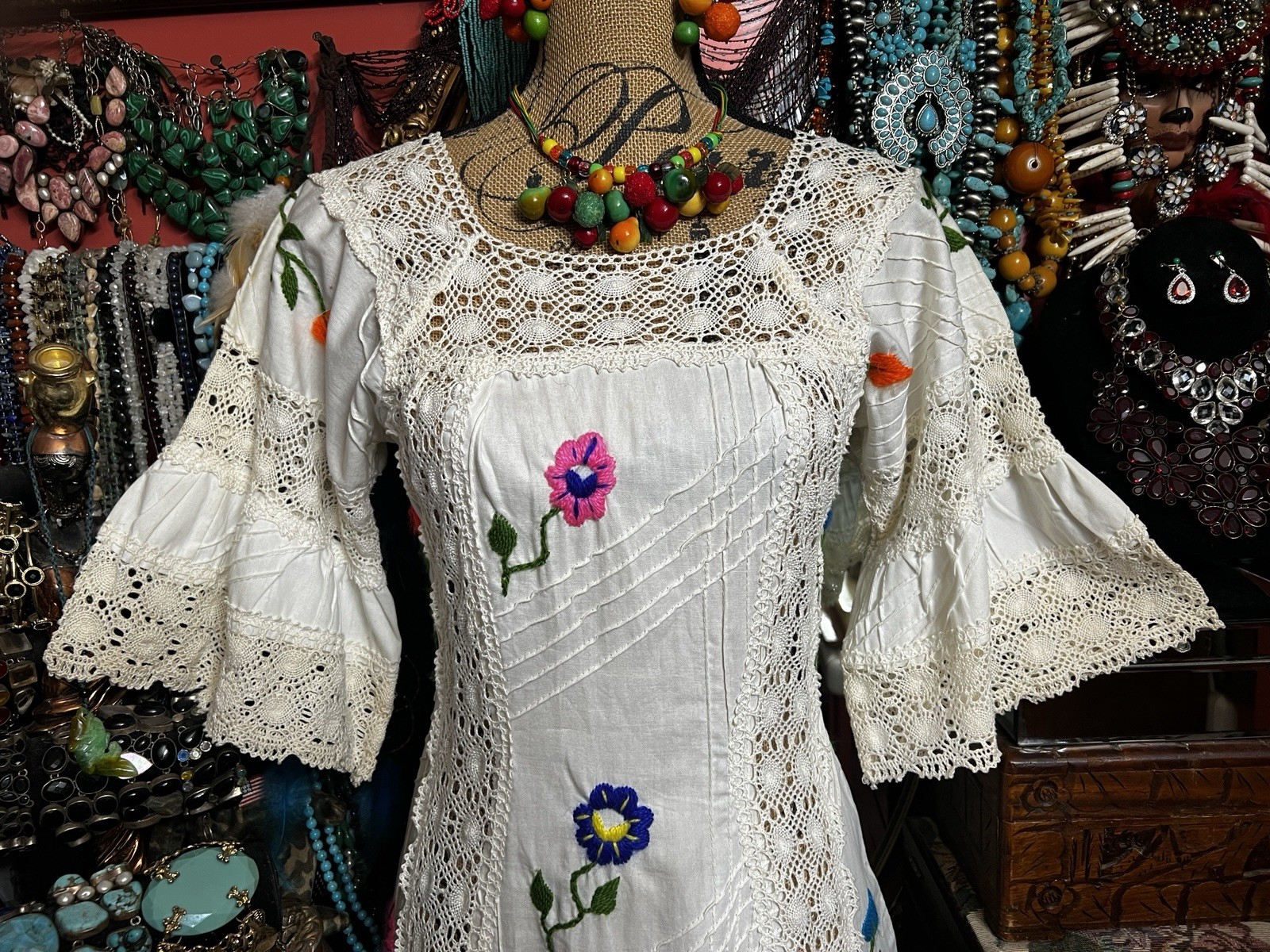 Beautiful White Pin tuck With Multi Color Embroidery & Ivory Crochet Dress S/M
