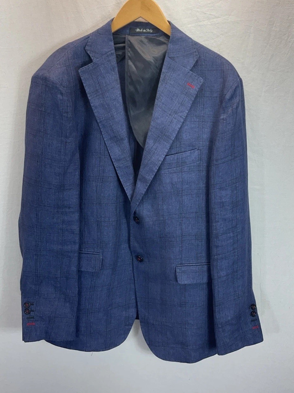 Fusaro Gold Sportcoat Blazer Blue Linen Sz 56 It 46 US Made Italy Tollegno Slim