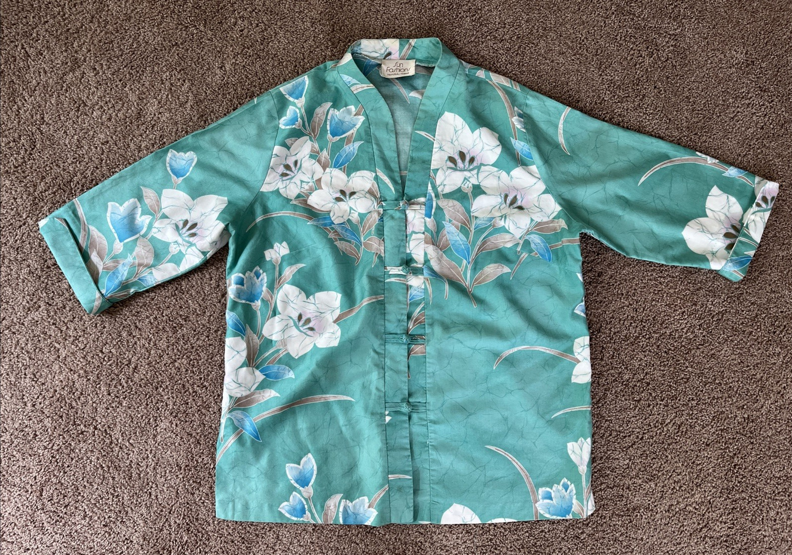Vintage Sun Fashions Hawaiia Aloha Green Floral Oriental Inspired Shirt-42″ Ches