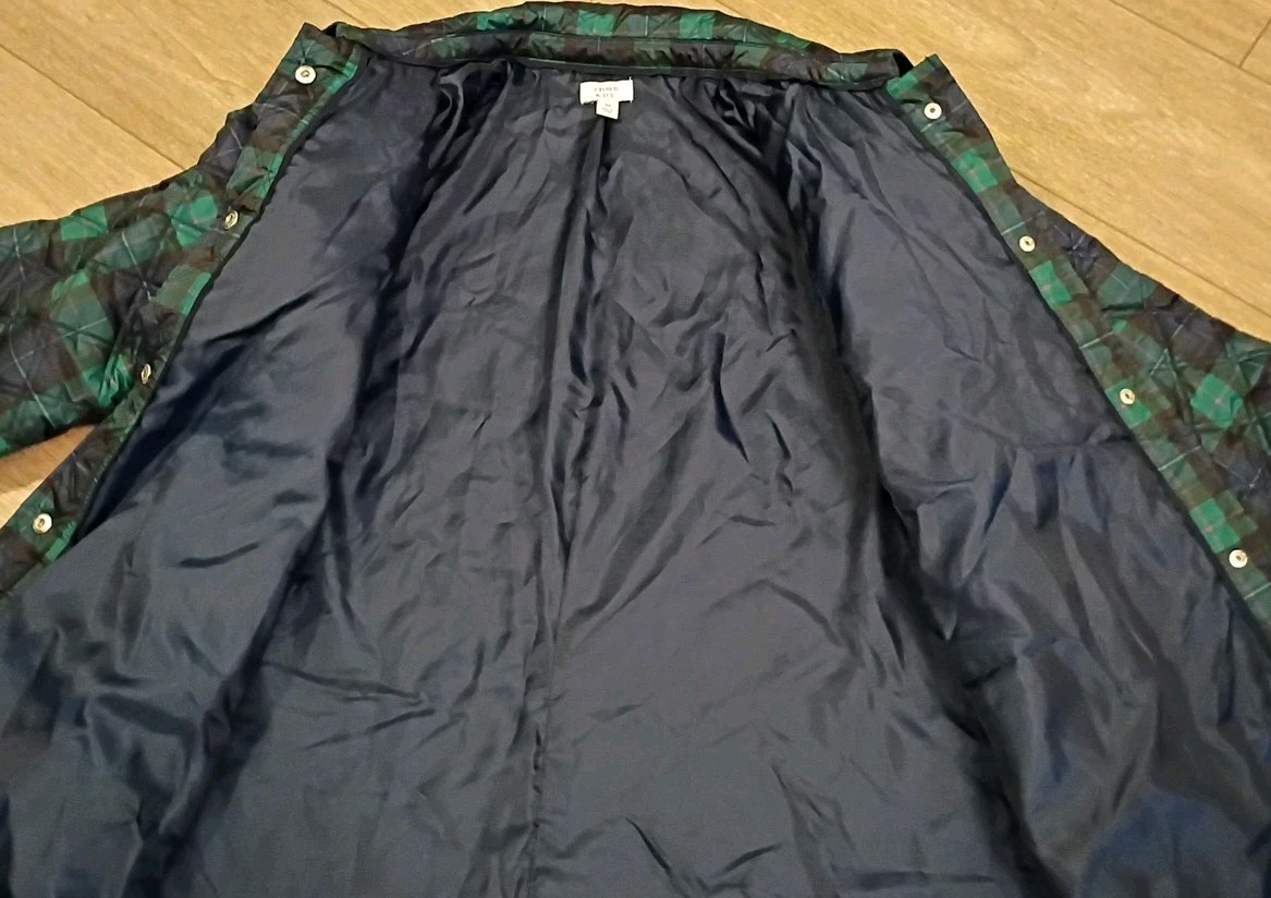 Crown & Ivy Navy Green Plaid Quilted Jacket Bling Rhinestone Button Snaps Sz M