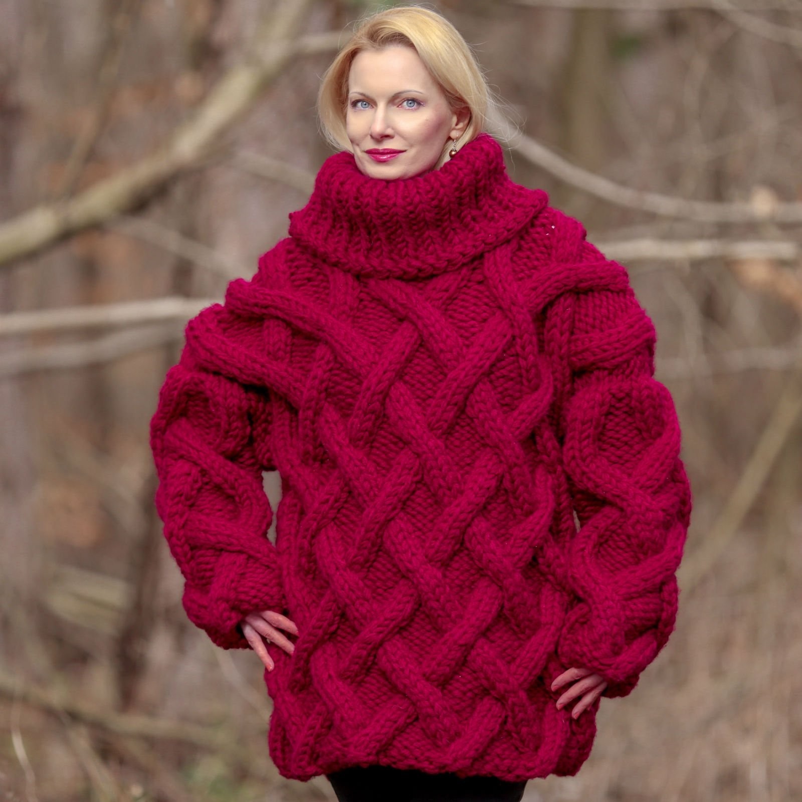 Red Chunky Knit Sweater 100% Wool Heavy Hand Knit Oversized Turtleneck – 4.3 KG