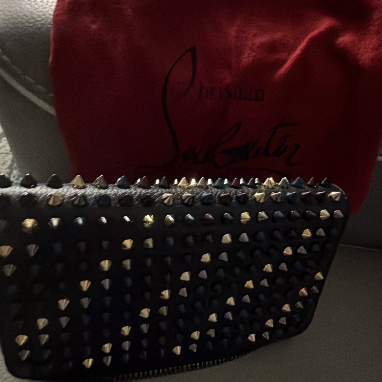 Christian Louboutin Studded Zip-Around Wallet Black/Red Logo Credit Card