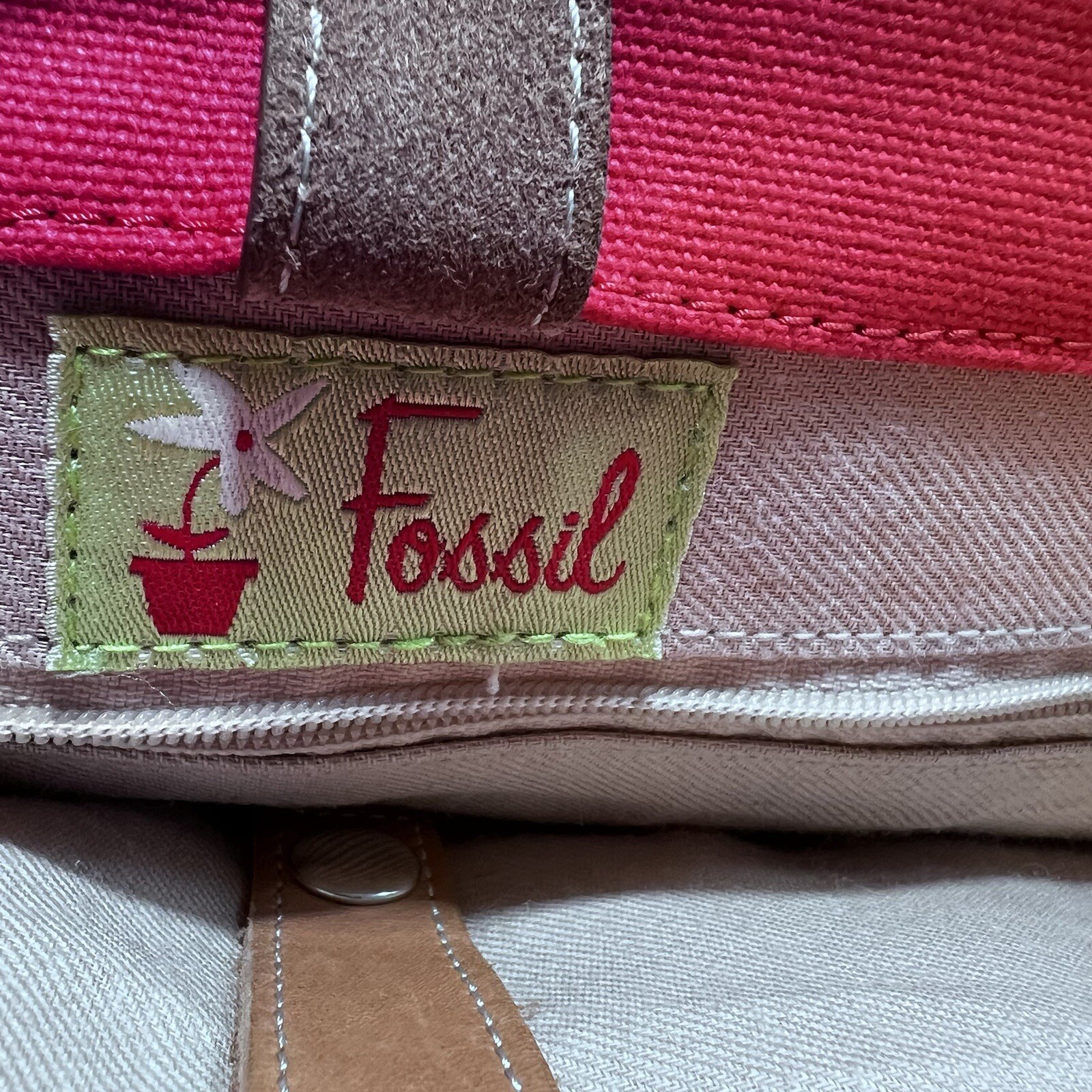 Fossil Orange Coated Canvas Purse Hand Bag Leather Handles Front Zip Pocket Tote