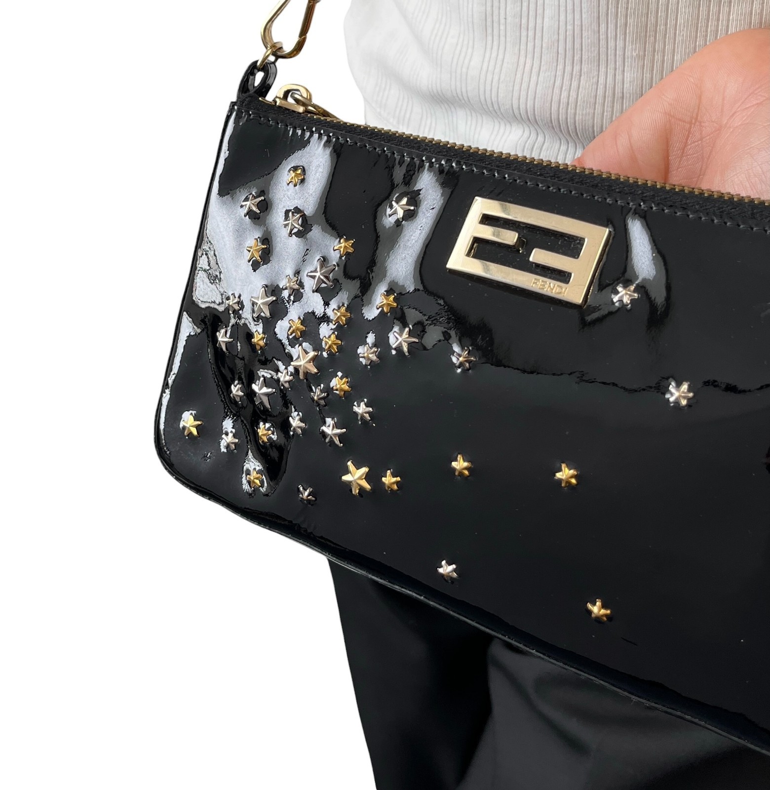 FENDI Vintage FF Logo Star Studs Mini Chain Shoulder Bag Black Gold 902276