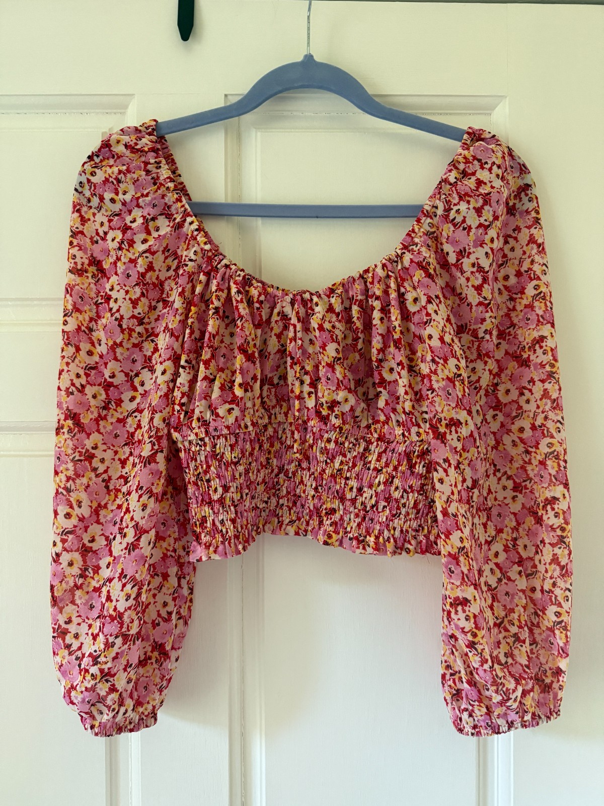 COTTON CANDY LA Pink and Yellow Floral Long Sleeve Crop Top, Small