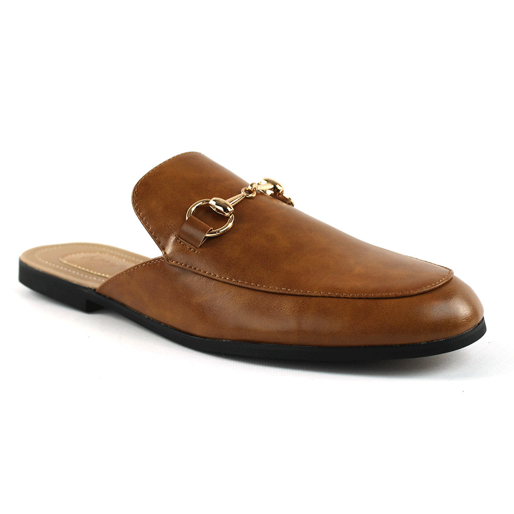 Men Cognac Brown Leather Backless Slip On Mule Gold Buckle Loafers Shoes AZARMAN
