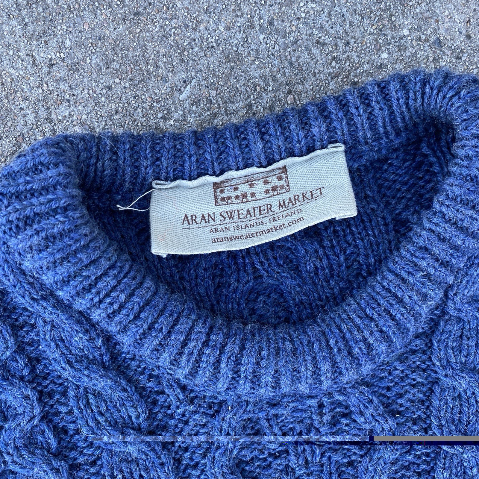 Aran Market Ireland Me‎rino Wool‎ Zig Zag Sweater‎ Blue Cableknit Fisherman L