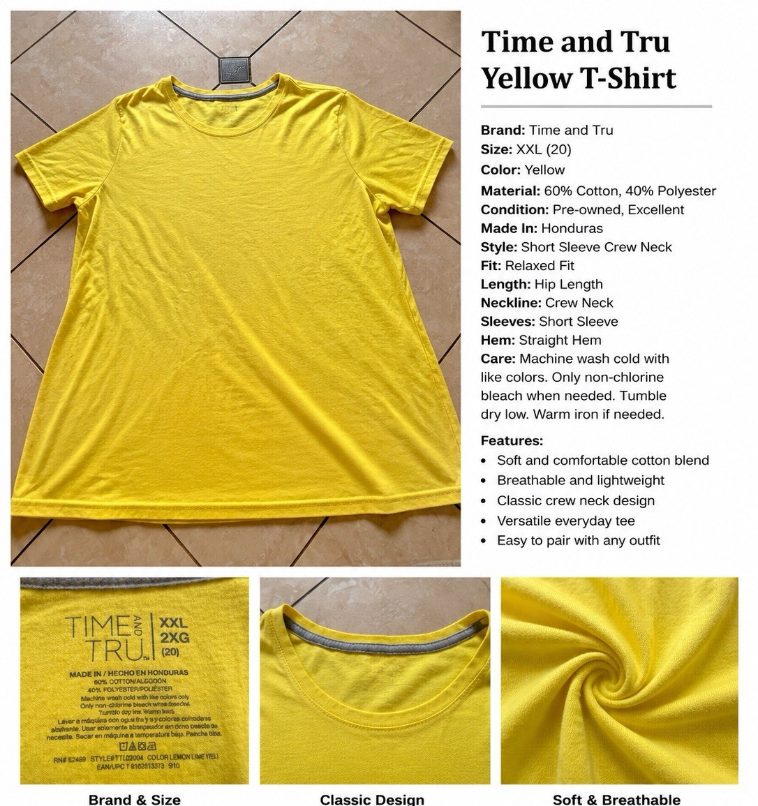 Time and Tru Men’s 2XL Short Sleeve Crew Neck Solid Yellow Cotton Blend Tee