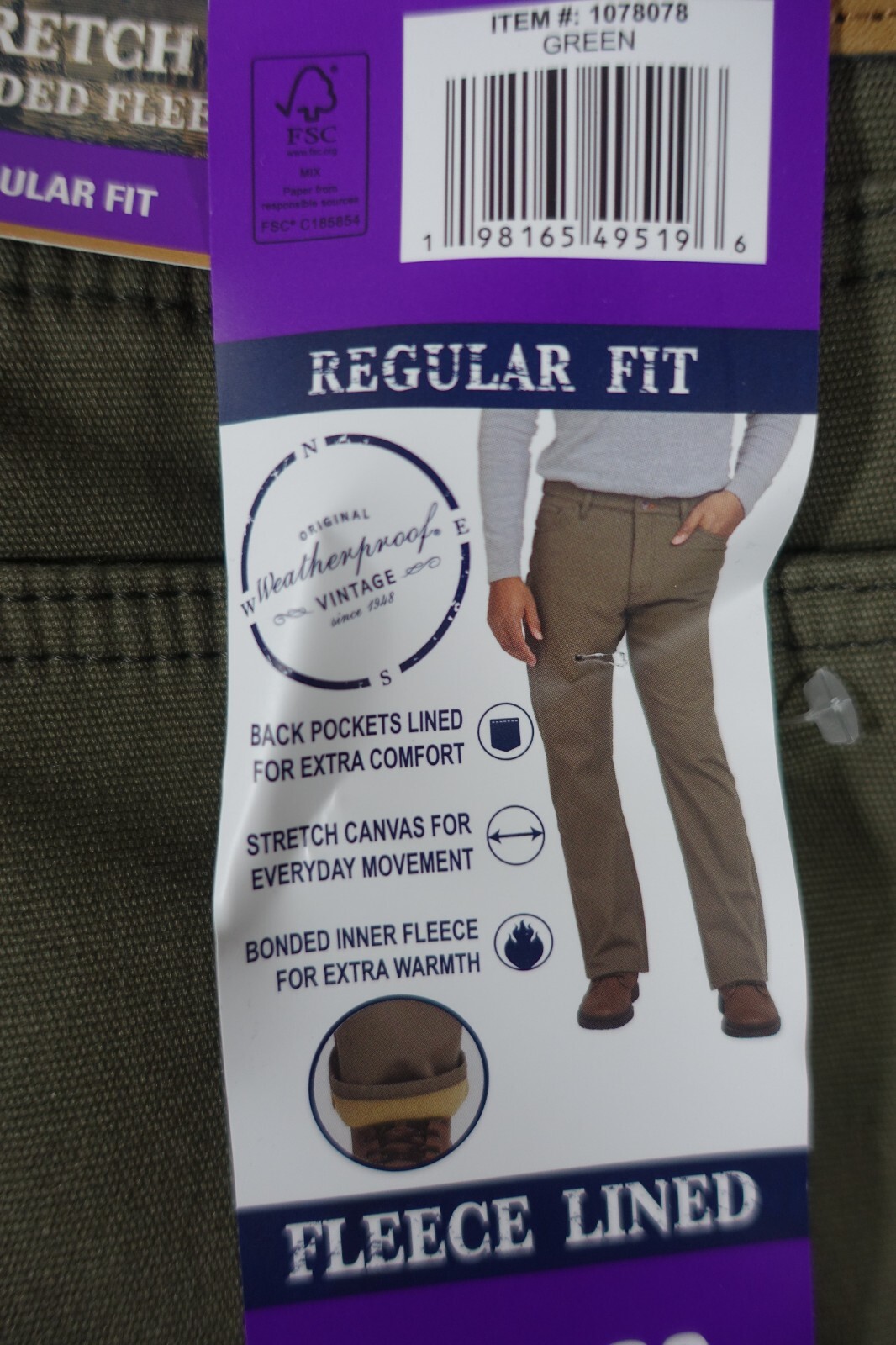 Weatherproof Vintage Men Fleece Lined Pants 40×30 Stretch Canvas Green