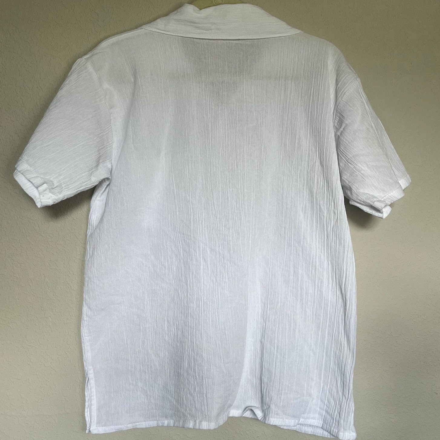 100% Cotton Gauze White Short Sleeve Button Down Top Women Large Coastal Resort