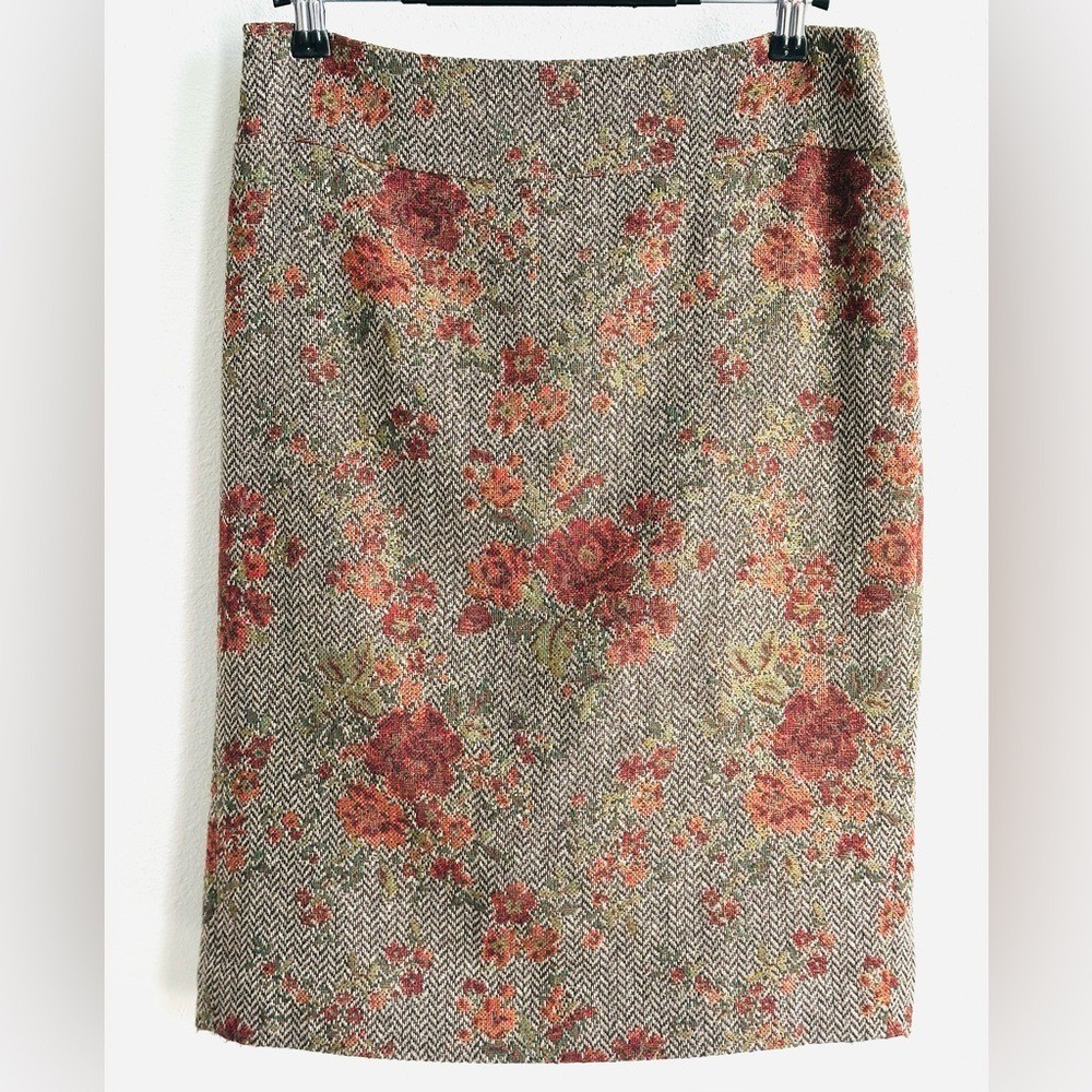 Brown Floral Knee Length Pencil Skirt Recycled Wool Blend Women’s 2 ATL STUDIO