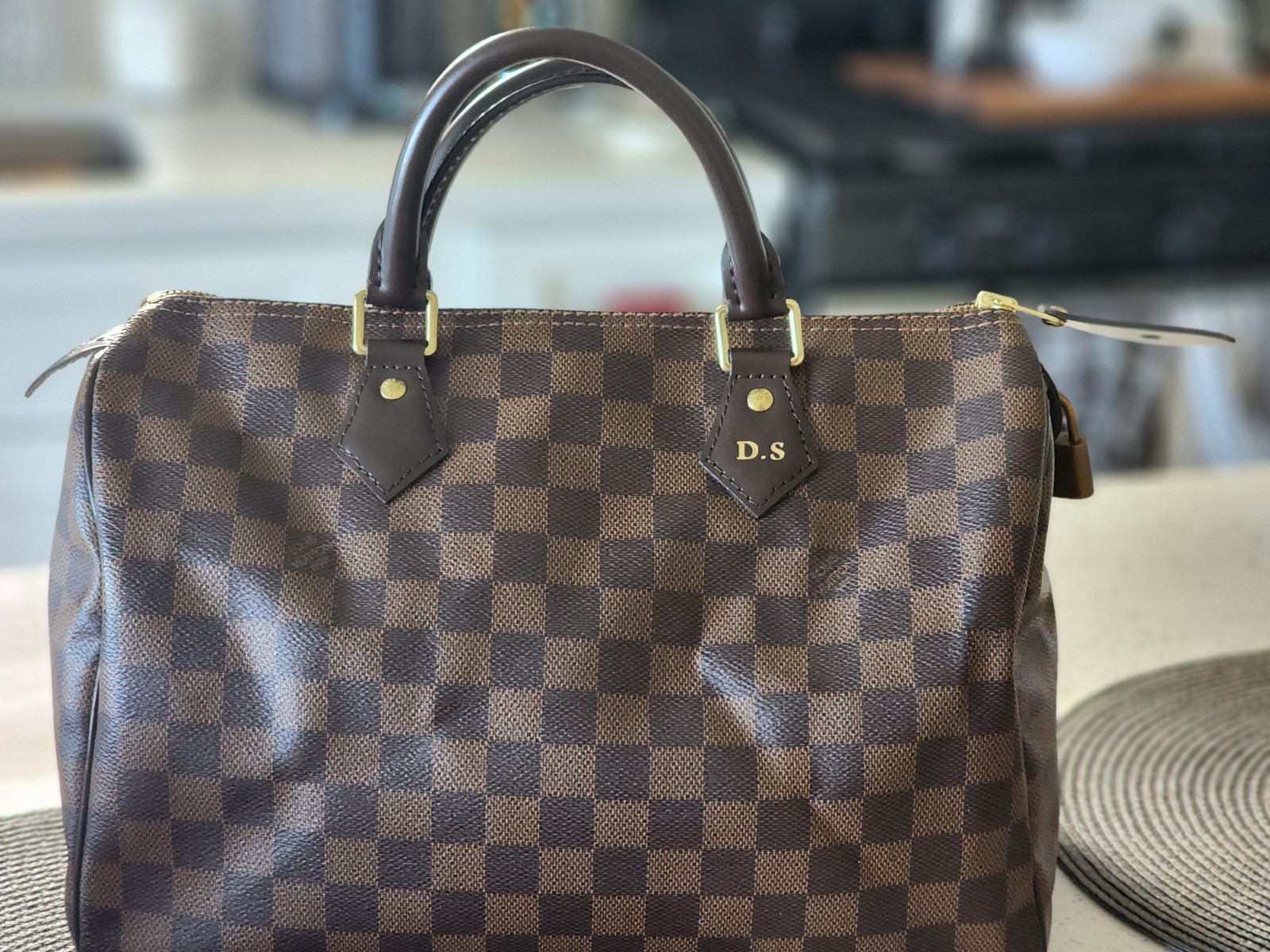 Louis Vuitton Damier Brown Top Handle Bag Red Interior Hot Stamped Initials