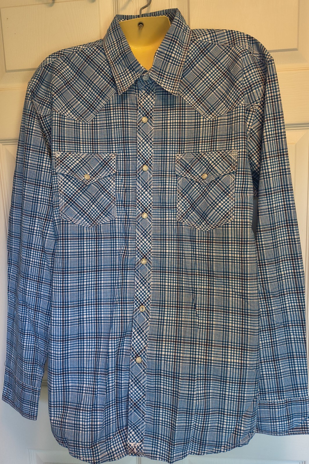 Wrangler 20X Competition Advanced Comfort Plaid Snap Shirt Blue/White L Pockets