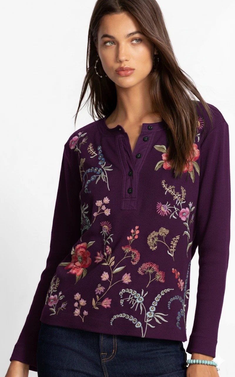 NEW JOHNNY WAS Henley Embroidered Top, Purple, Size XL