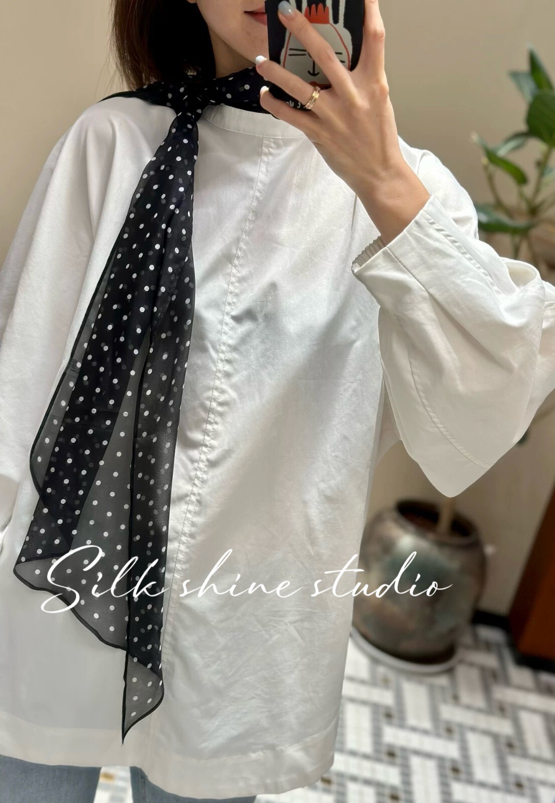Chic Black & White Polka Dot 100% Silk Scarf -Lightweight 63″x12″ Oblong Summer