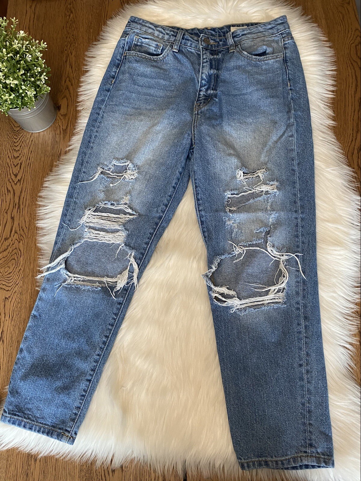 Bridge by Gly Denim Blue Jeans Light Wash Distressed High Rise Mom Fit Sz 28