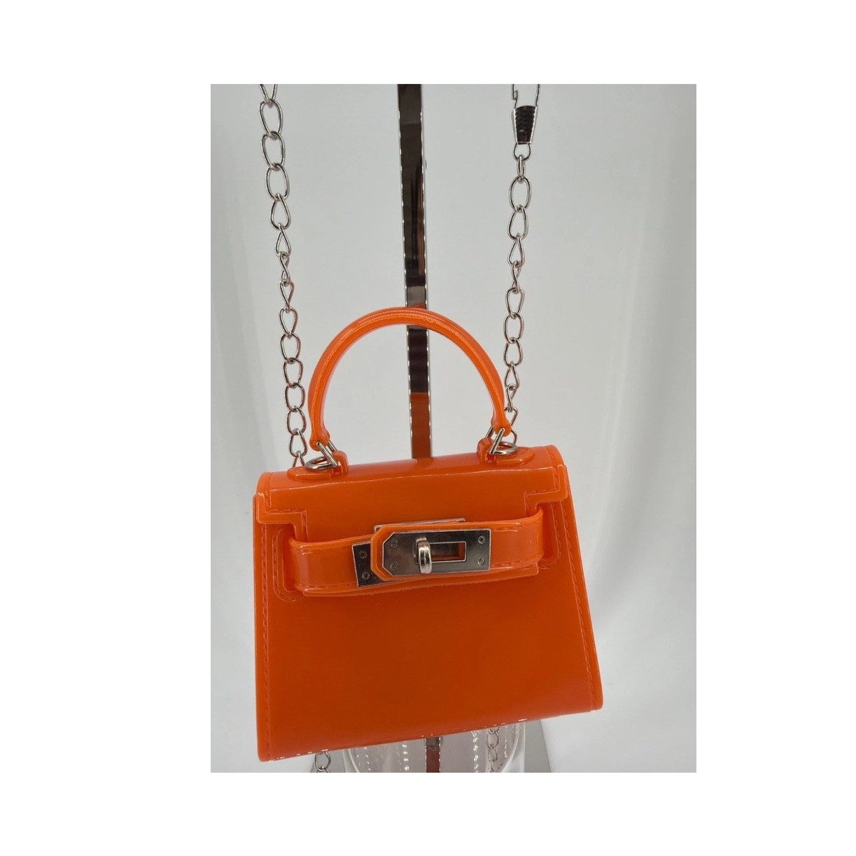 Mini Orange Satchel Top Handle Bag Chain Strap Buckle Accent Turn Lock Glossy