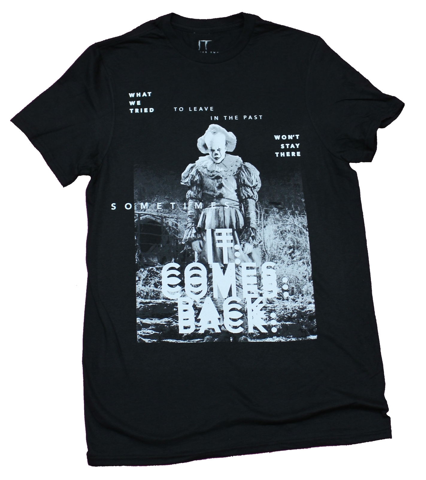 It Stephen King’s Adult New T-Shirt – It Comes Back Pennywise B & W Box Pic